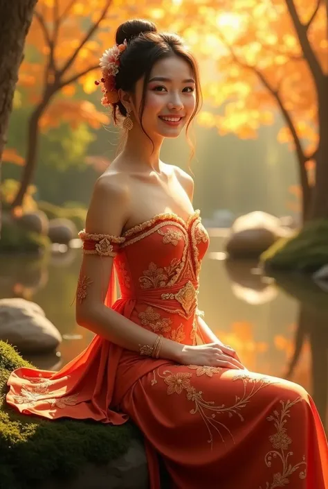 A beautiful Asian woman, 17 y detailed beautiful eyes and face, in a detailed vibrant red-golden Thai traditional dress, with floral patterns sits gracefully on a moss-covered rock, surrounded by golden autumn foliage. A joyful smile on her face. The scene...