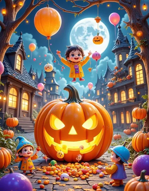 a large pumpkin in the middle of the picture ， and get all kinds of fruit candy and colorful paint from the pumpkin's eyes and m...