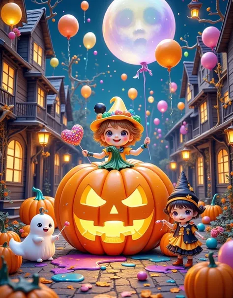 a large pumpkin in the middle of the picture ， and get all kinds of fruit candy and colorful paint from the pumpkin's eyes and m...