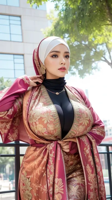 RAW, Best quality, high resolution, masterpiece: 1.3), beautiful Malay woman in hijab,Masterpiece, perfect slim fit body, (big breasts), big gorgeous eyes,shy, wear a tight shirt & tight leggings, necklace, shairband, afternoon walk, City garden, Excellent...