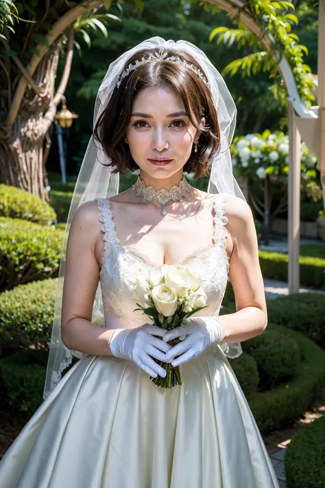 ((masterpiece)), ((best quality)), a middle-aged short-hair woman, ((she is wearing an ornamental wedding dress)), she is in a f...