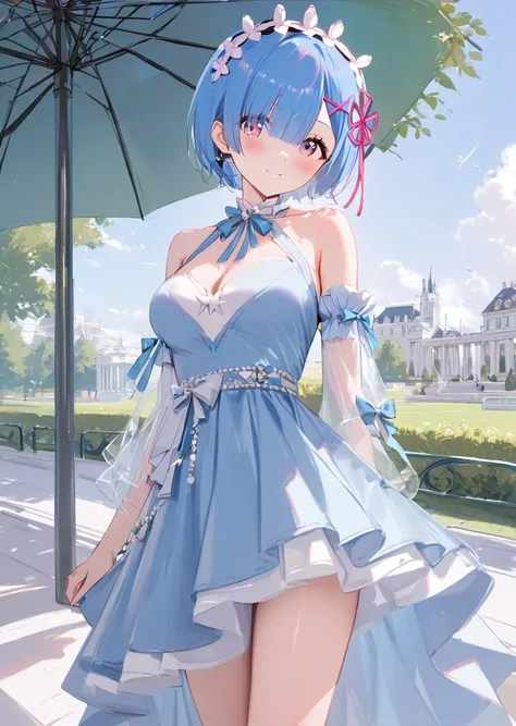 1girl ,solo,rem, beautiful outfit,rezero,fashion design, catwalk, l2v, looking at viewer,park,masterpiece,