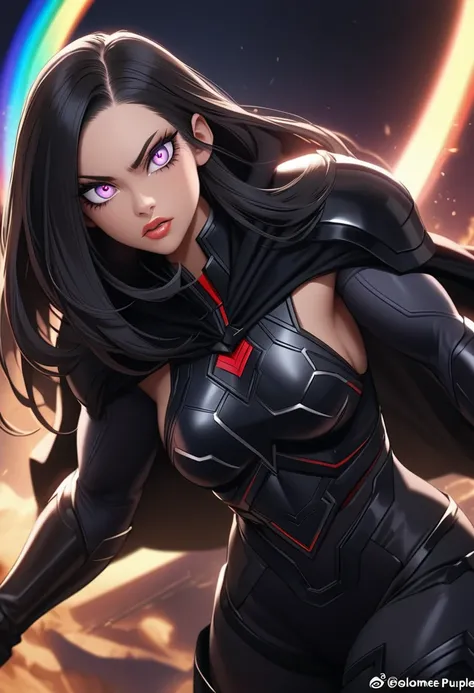  beautiful detailed eyes  ,  Beautiful Detailed Lips , Extremely detailed eyes and face,  long eyelashes,  1 girl,  Superhero, Black Iron Outfit, armor, Black straight hair, Rainbow Eyes,  moonlight night , Muscular, A little angry, Dark Hero, Dark Power, ...