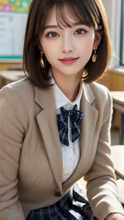 (A beautiful and cute high school girl in a school uniform is in a high school classroom during lunch break, She is wearing a blazer and a plaid pleated skirt as her uniform, with a ribbon accent around her collar:1.3), 
BREAK 
(Photorealistic, 32k, RAW ph...