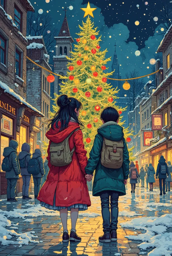 (masterpiece, best quality:1.2), 1girl, Alone、Under the Christmas tree 、 wear a bright red coat 、 smartphone while giggling、 meeting up for a date with my boyfriend 、Feeling Excited 、 the city lights sparkle、 Christmas story 、 instead of a face 