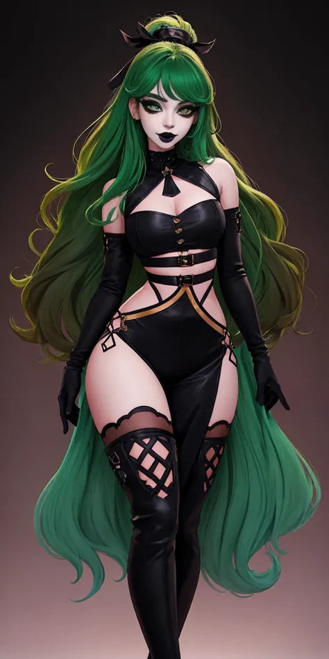 pharasuyuf, 1girl, black lips, multicolored hair, two-tone hair, solo, makeup, brown hair, green hair, long hair, colored inner hair, BLACK gloves, BLACK lipstick, BLACK eyeshadow, BROWN EYELASHES, wide hips, narrow waist, BLACK sleeves.