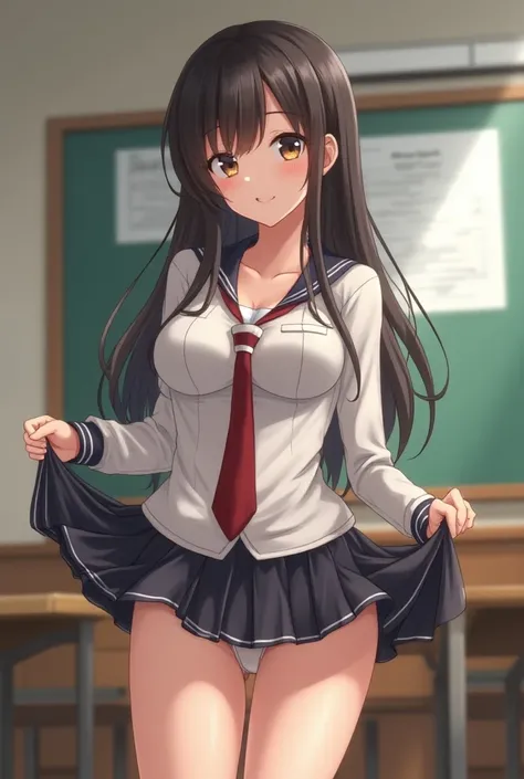 A schoolgirl,  big breasts , very excited,  He looks at me with love, while holding her skirt,  white panties,tight panties on your knees, in the classroom, showing panties,