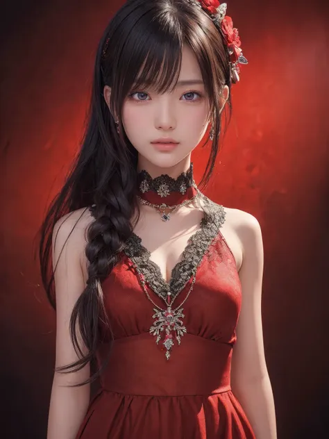 ((Best Quality)),(  ultra high resolution ),( very detailed ),( detailed explanation ),(( best CG )),(a masterpiece),Ultra-detailed art、See-Through 2.0、Outside the shoulder、 clevis、Red background、