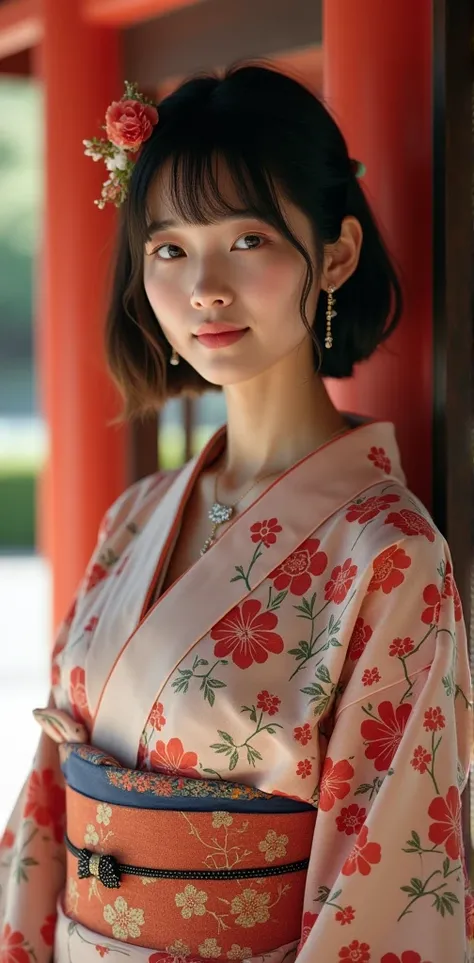 Japanese girl, wearing kimono, beautiful, big breast, slim waist, A full-color, high-fashion editorial with an asymmetrical, oiran style, in kyoto coty scape, best professional lighting photography, realistic skin, detail skin, ((Best quality, 8k, Masterpi...