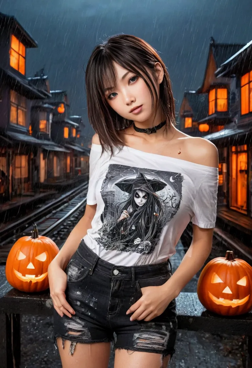 a stunning grunge style hdr image of a sexy full body japanese girl in limited color palette of black, white and orange, she has...