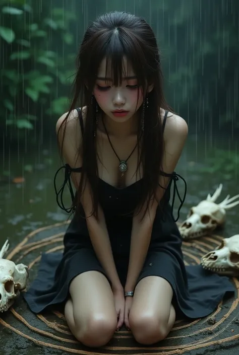 Best Quality, 1 Girl,Early 20s, Japanese idol face , long lashes,Eye Makeup,K-pop makeup , pretty face,Fine skin,Pale skin,Messy Hair,Long brown hair, earrings with cups, necklace ,Wizard&#39;s Outfit,Crying face,Tragic,(Very sad face),Big tears、(Tears),fr...