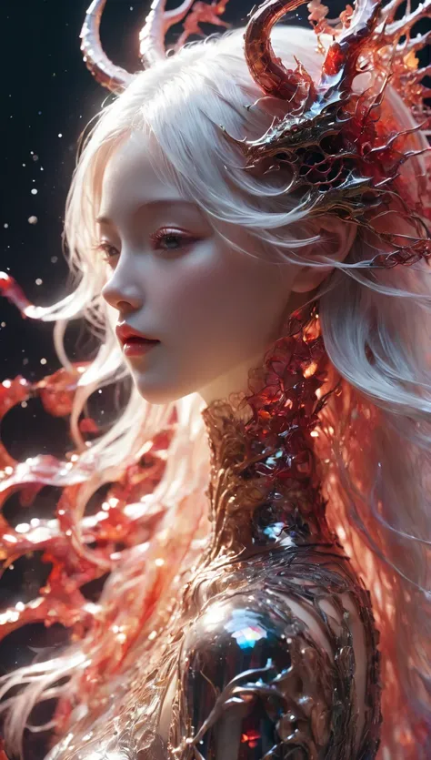 photo RAW, (Black and red : Portrait of a ghostly girl playing the violin, shiny aura, highly detailed, gold filigree, intricate motifs, organic tracery, by Android jones, Januz Miralles, Hikari Shimoda, glowing stardust by W. Zelmer, perfect composition, ...