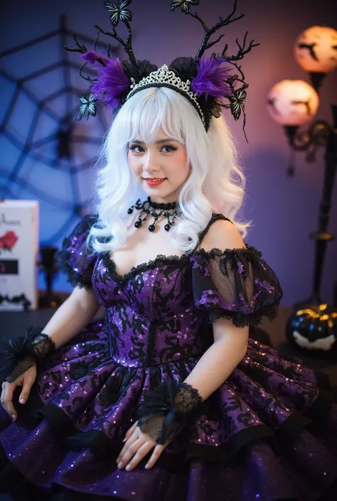 cosplayer, white wig with purple, half fat, closed clothes, ambiente halloween