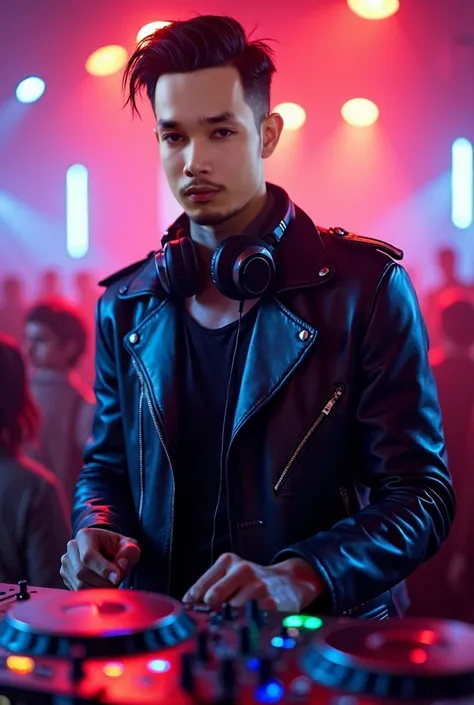 Create a high-quality, detailed portrait of a confident and stylish male DJ with a handsome face. He has a cool and trendy outfit, possibly wearing a leather jacket, headphones around his neck, and standing behind a DJ booth with vibrant LED lights. The ba...