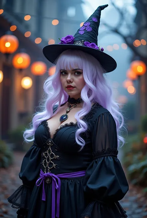 cosplayer, white wig with purple, half fat, closed clothes, no cleavage, ambiente halloween