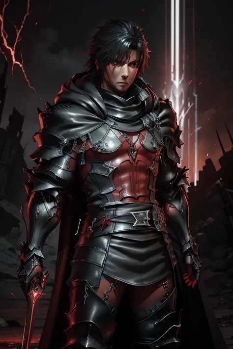 a man's full body leather cloak ,ff16 cliff  , cleveland rosefield  ,glowing red eyes, white skin , final fantasy xvi character ...