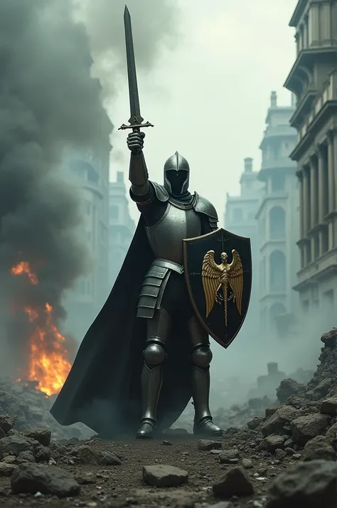  A full-length knight against the background of the destroyed city , holding a smoking sword in one hand ,  raised above the head ,  with the other hand holds a shield with the image of an angel in front of him