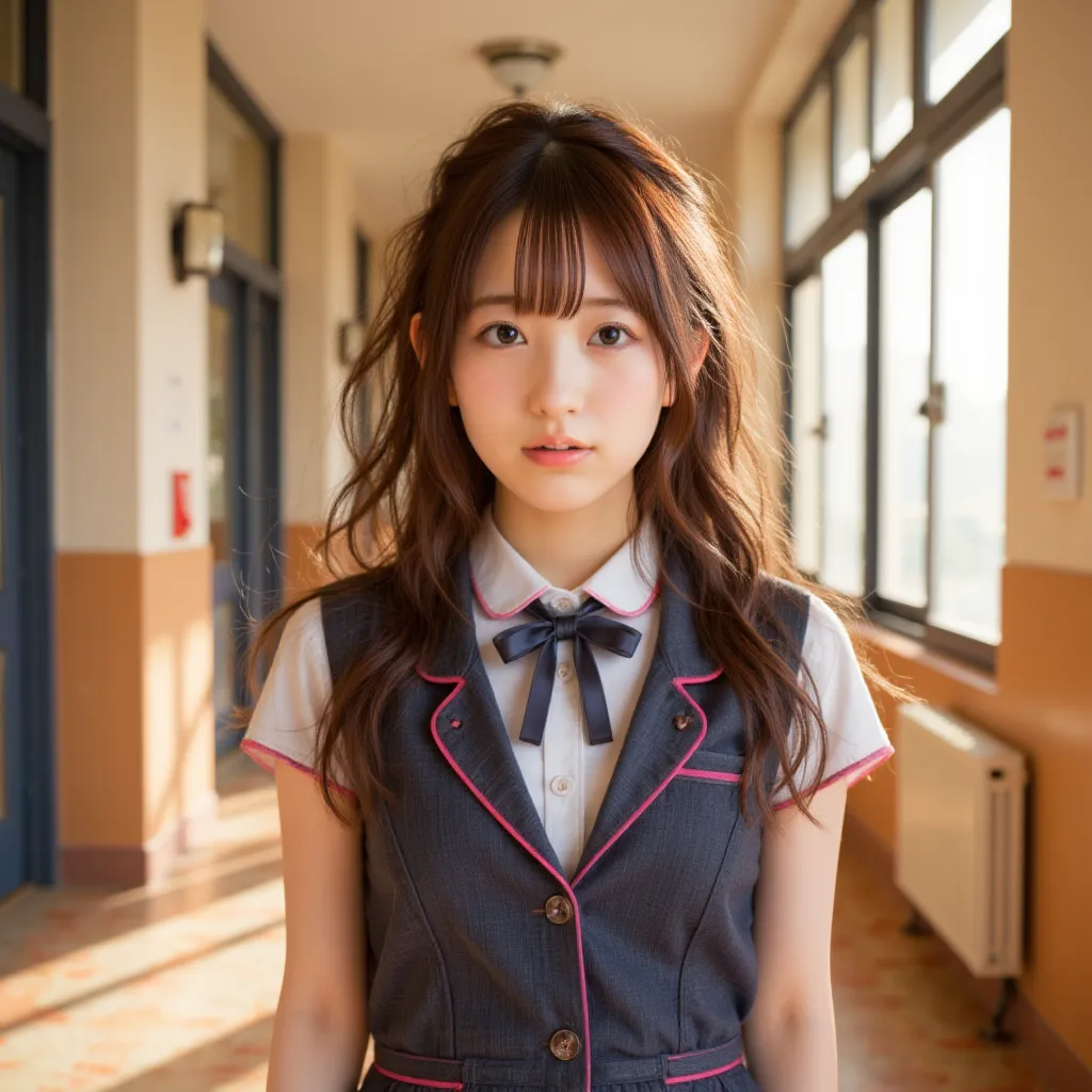 high school girl、uniform、brown hair、 blue eyes 、detailed face、 long eyelashes、cute expression、standing in a school corridor、 sun...