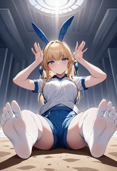 high image quality 、masterpiece、 high quality、full hd、4k、 feet 、rabbit pose with hands、blonde 、 blue eyes 、 white stockings  、 s...