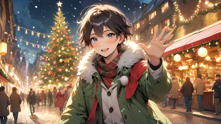 （masterpiece、high quality、High resolution、detailed、８k)、A Japanese man (Beautiful young man、Beautiful eyes、Smooth short Hair）、alone、Hes waving his hand, looking at me、At the glittering Christmas market、he look like having fun、wearing warmly coat 、Lively atm...