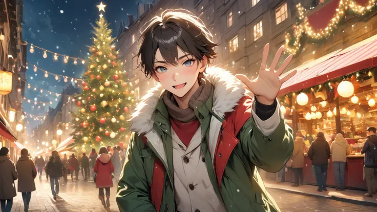 （masterpiece、high quality、High resolution、detailed、８k)、A Japanese man (handsome young man、Beautiful almond eyes、Smooth short Hair）、alone、Hes waving his hand, looking at me、At the glittering Christmas market、he look like having fun、wearing warmly coat 、Live...