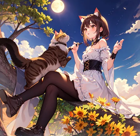 a girl with brown hair and cat ears looking up at the moon while sitting under a tree from the prairie,thief costume,cat&#39;s p...