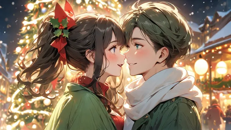 （masterpiece、high quality、High resolution、detailed、８k)、A Japanese couple in their 20s（Beautiful young man and beautiful woman、Beautiful eyes、Smooth Hair）、At the glittering Christmas market、Two people sideways、While staring at each other、Make eye contact、La...