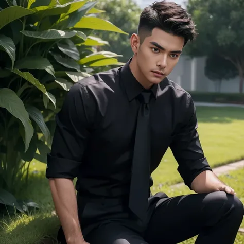 50years old,One Man,、 black shirt、Red tie、 black slim pants、 black gloves、Black boots、Combatant、With a pistol on his hip、garden、　 Sit with your legs open。short hair 、更にshort hair 、 undercut、Stubble　Muscular　Sri Lankan face　 black shirt　View from below　Uppe...