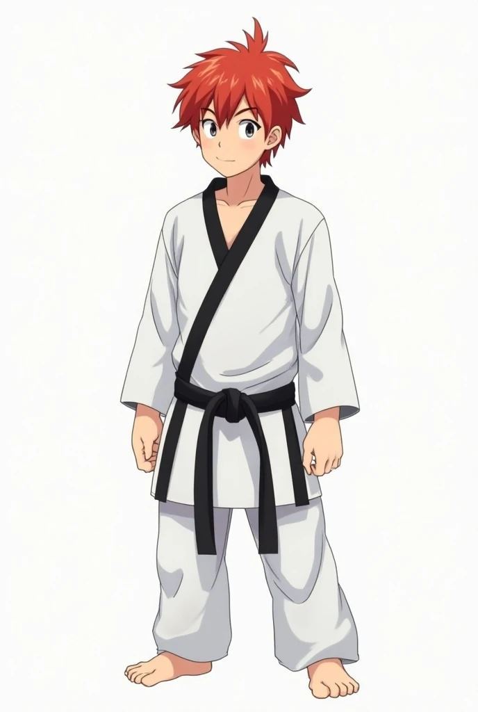 Full size A taekwondo teen red haired boy in a long taekwondo uniform in white dress with black vneck collar and black belt with cock bulge on his pants in anime style, standing straight, close up clear picture, masturbating 18+