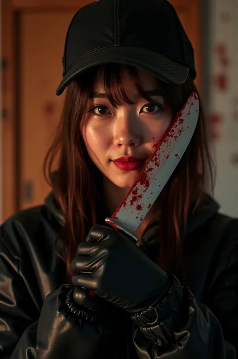 korean beautiful women, (behind stiff, bloody face), bloody knife, stabbing, smile, black gloves, bloody room, bloody black raincoat, foodie, 40 years old, trucker hat, holding knife, living room, black gloves, hidden, blood splatter, brown low ponytail, b...