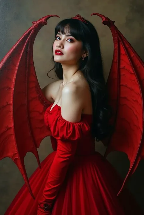 A masterpiece of a painting! Vampire Woman takes center stage in a stunning work of art. The subjects beautiful white skin glows with an ethereal light, perfectly capturing the intricate details of her anatomy. Her vibrant red dress flows like crimson silk...