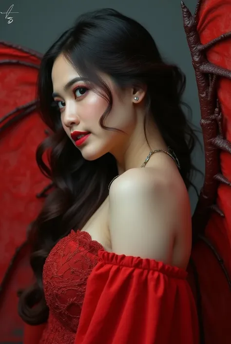 A masterpiece of a painting! Vampire Woman takes center stage in a stunning work of art. The subjects beautiful white skin glows with an ethereal light, perfectly capturing the intricate details of her anatomy. Her vibrant red dress flows like crimson silk...