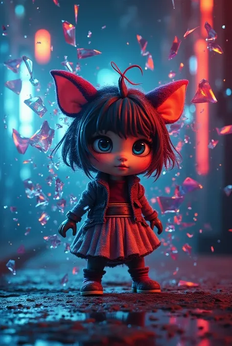 conceptual installation real art, cute beast girl breaks through the glass, various effects, background shattered iridescent glass, street corner wall graffitied with fluorescent paint, delicate and dynamic textures, contrasts of light and shadow, 2.5D, ar...