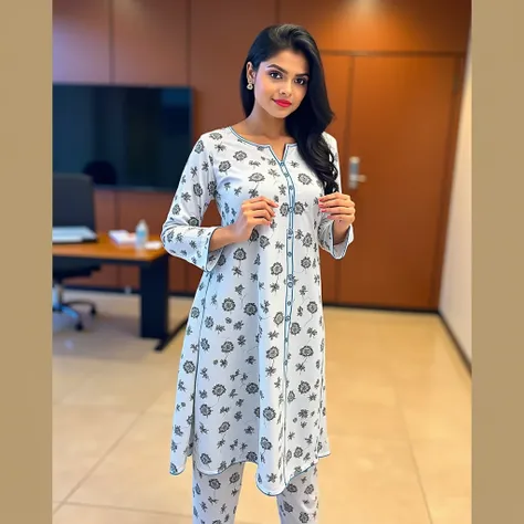 kerala female Reshma in office.kerala Reshma is young and average sized body perfectly fit body figure with big breast cleavage and indian fair skin tone and black hair.kerala Reshma is Wearig white printed indian kurtis set.Realistic photo.Realistic photo...