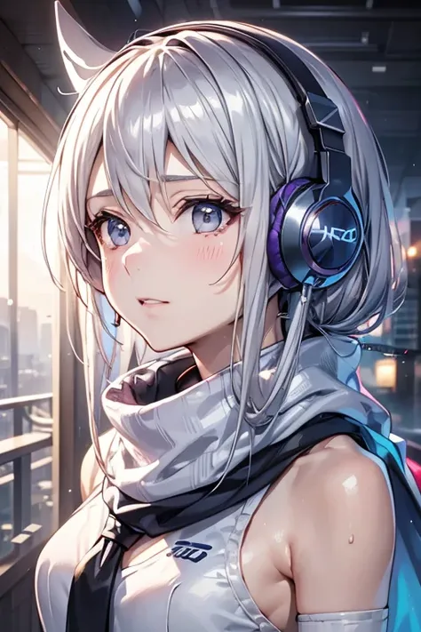 arafed woman with headphones on her head and a scarf, with headphones,  8k portrait rendering ,  gaming headset  , wear a gaming...