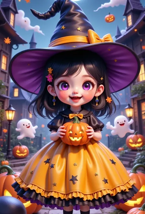 a girl in a yellow dress and a black hat holding a pumpkin, halloween art style, in a halloween style, 🍂 cute, witch girl, trick...