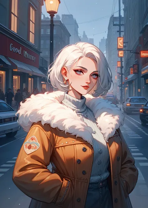 an elderly woman with white hair, seductive, medium bob haircut, stylish elderly woman, good figure, wearing a fur coat, street ...