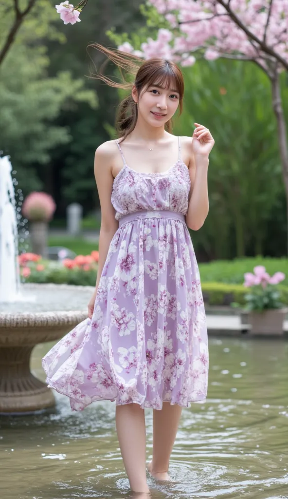 a beautiful east-asian woman standing in a spring garden by a fountain, lifting one foot slightly from the water while delicatel...