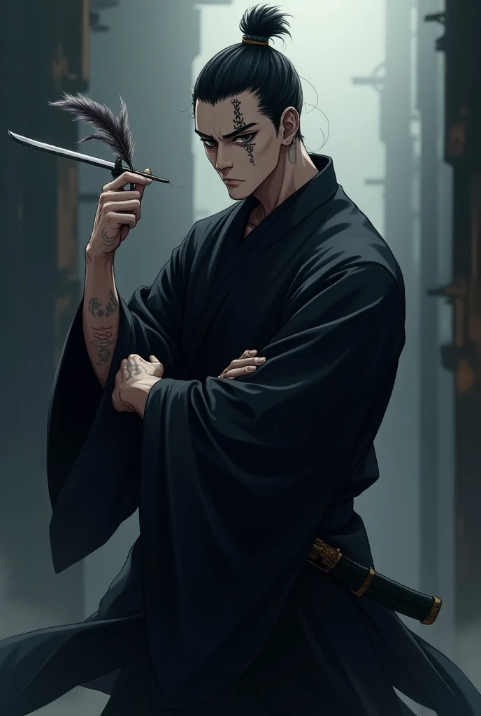 Toji Zenin from Jujutsu Kaisen with a small sword with a feather in his hand 