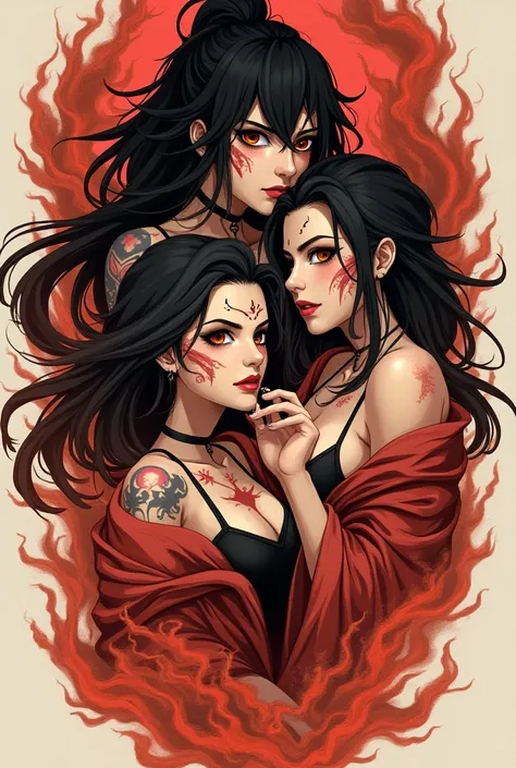 Create a groin tattoo design ,  with Nezuko from Demon Slayer , Merlin from nanatsu not atsai , Hinata of Naruto,  all women with their spicy touch