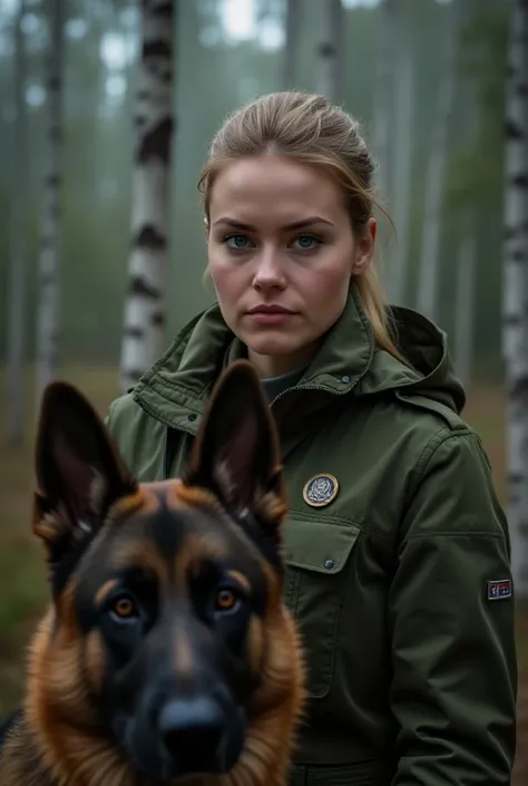 hq photo. A stunning 23 year old Polish woman. athletic. ,wearing Polish army field uniform. Border guard. Straż Graniczna. golden blonde natural hair tied. Outside in rainy weather. portrait picture. Professional demeanor. eye contact , spectacular lighti...