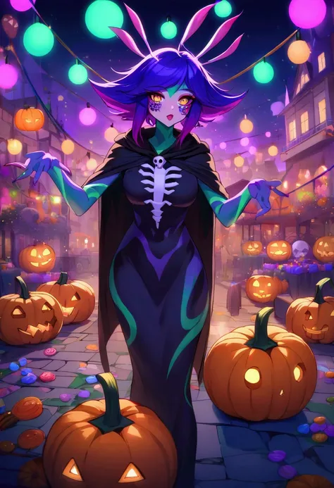 masterpiece, high quality, detailed background, neeko, anime, wearing a skeleton costume, white bones, ((face with skull makeup)), black hooded cloak, pumpkins, candies, hallowen, party background, colorful lights