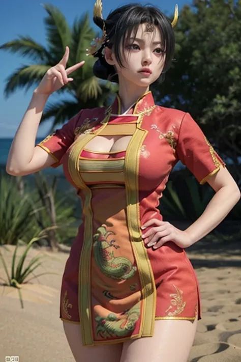  a girl,Renka , short hair  ,3D,4k,8K, high definition,Hair ornaments, traditional Japanese dress , masterpiece , the best quality,low cut dress,  dressed with dragon , embroidered dragon ,B  , waist 50 cm and hips 60 cm ,wide thighs big thighs ,on the bea...