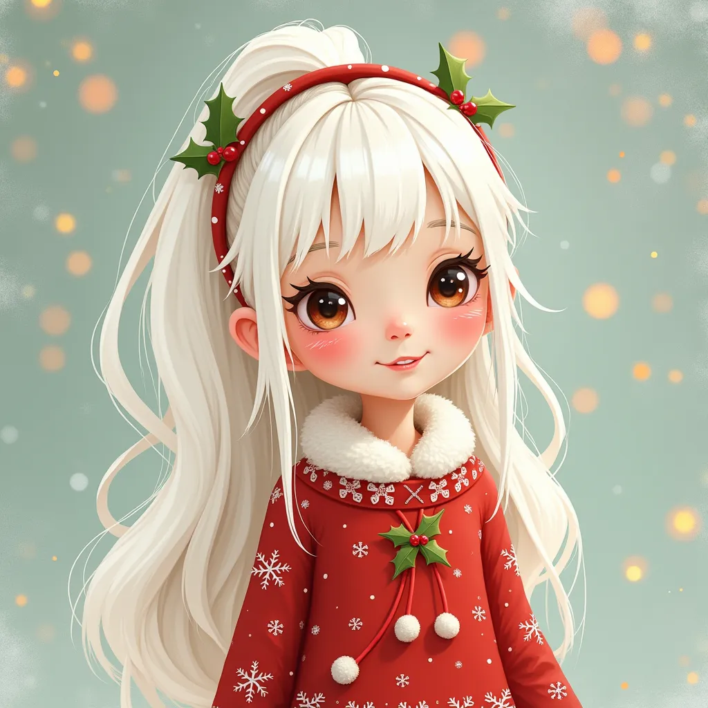 white hair, light skin, pony,  drawn 2d, christmas clothes