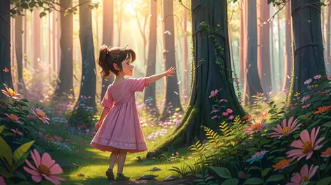 "a girl and a boy", a lush, green magical forest with colorful, blooming flowers and tall trees that stretch into the sky. butte...