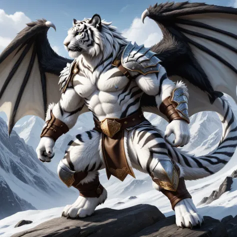 (white tiger:1.2), (very large dragon wings :1.7), Full Body, heavily muscled er Flügelarm, Tiger pattern all over the body , (with mane:1.4), heavily muscled , Wing membrane ,  fingers with medium-length claws,  toes with long claws , decorated belt , (Gr...