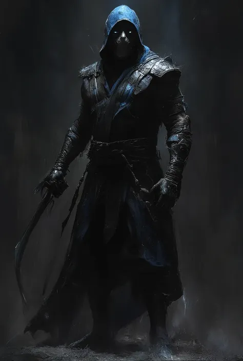 dynamic picture. mortal kombat - ninja sub-zero - in a black and blue suit, muted palette and dry brush technique, creating a fe...