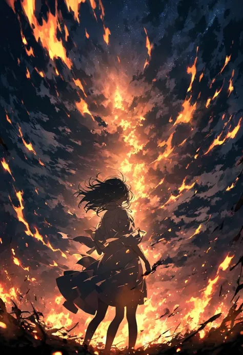 ((anime))、pastel、 woman,Black Hair,White clothes,Holding back hair,Strong winds,Inside the Hellfire , Standing in the Flames , Light Shines in from the Sky,night