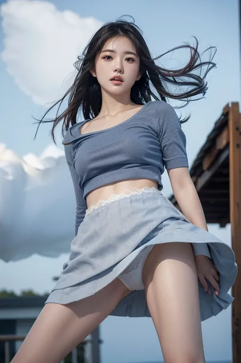 Japanese girl whose skirt is blown by the wind, wearing a blue shirt and gray skirt, blow upskirt, white lace lingerie is visible, she looks embarrassed, (((Windy Upskirt))), the skirt is fluttering in the wind, (((realistic))), (((High resolution))), 