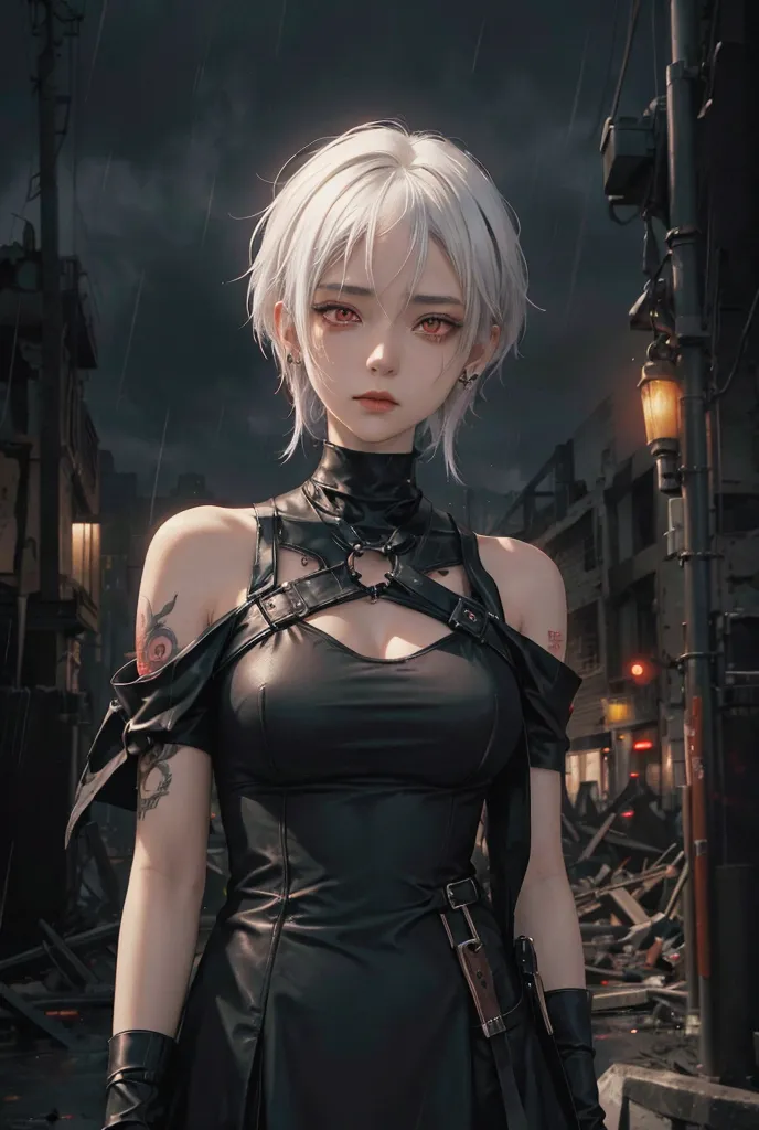 anime style art.  the girl with short white hair and red eyes . her black clothes ,  on one shoulder, you can see a tattoo depic...